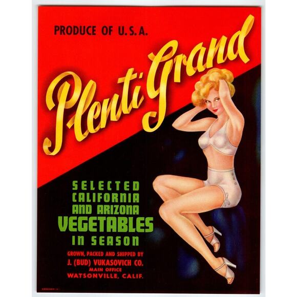 Plenti Grand Sexy Blonde Pinup Lady Basket Vegetables Crate Label 1940s Vintage - Picture 1 of 2